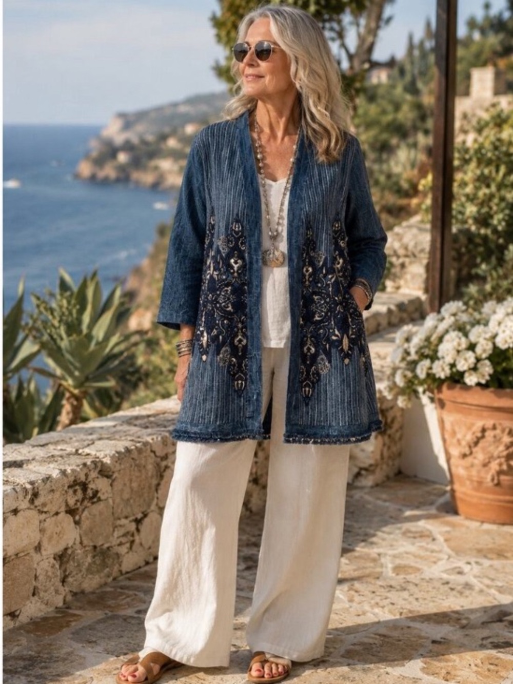 Chico's Novelty Topper Artisan Denim Long Sleeve Blazer Boho size 2(12/14)
